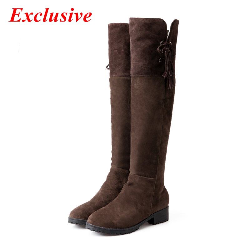 2015 Low-heeled High Boots Winter Short Plush Nubuck Leather Knee Boots Round Toe Woman Shoe Plus Size Zip Low-heeled High Boots