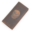 Crazy Horse Leather Cowhide Men Long Bi fold Wallet Trend of the skull model dark brown