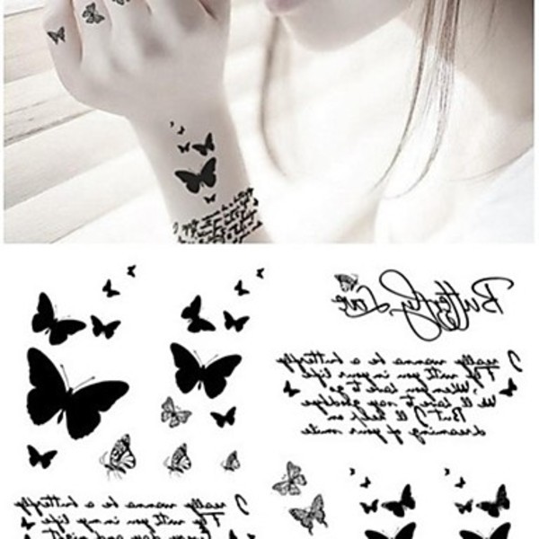 Black Butterfly & Letter Transfer Waterproof Temporary Tattoo Body Art ...