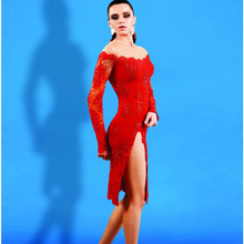 Long Sleeve Red Split Lace Cocktail Dresses Sheer Neck Sheath Knee Length Custom Made Sexy Womens Party Special Occasion Gowns