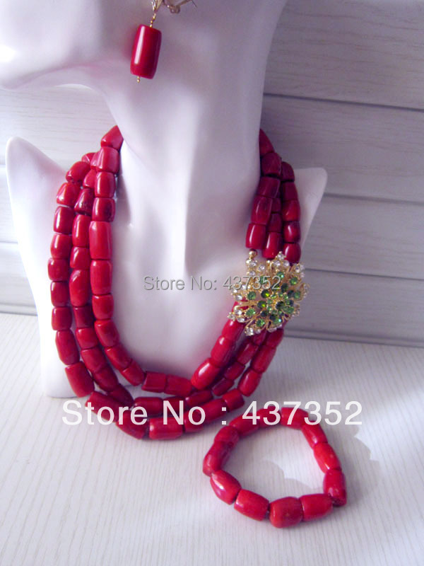 New Design Fashion Nigerian Wedding African Red Coral Beads Jewelry Set Necklace Bracelet Clip Earrings CWS-153