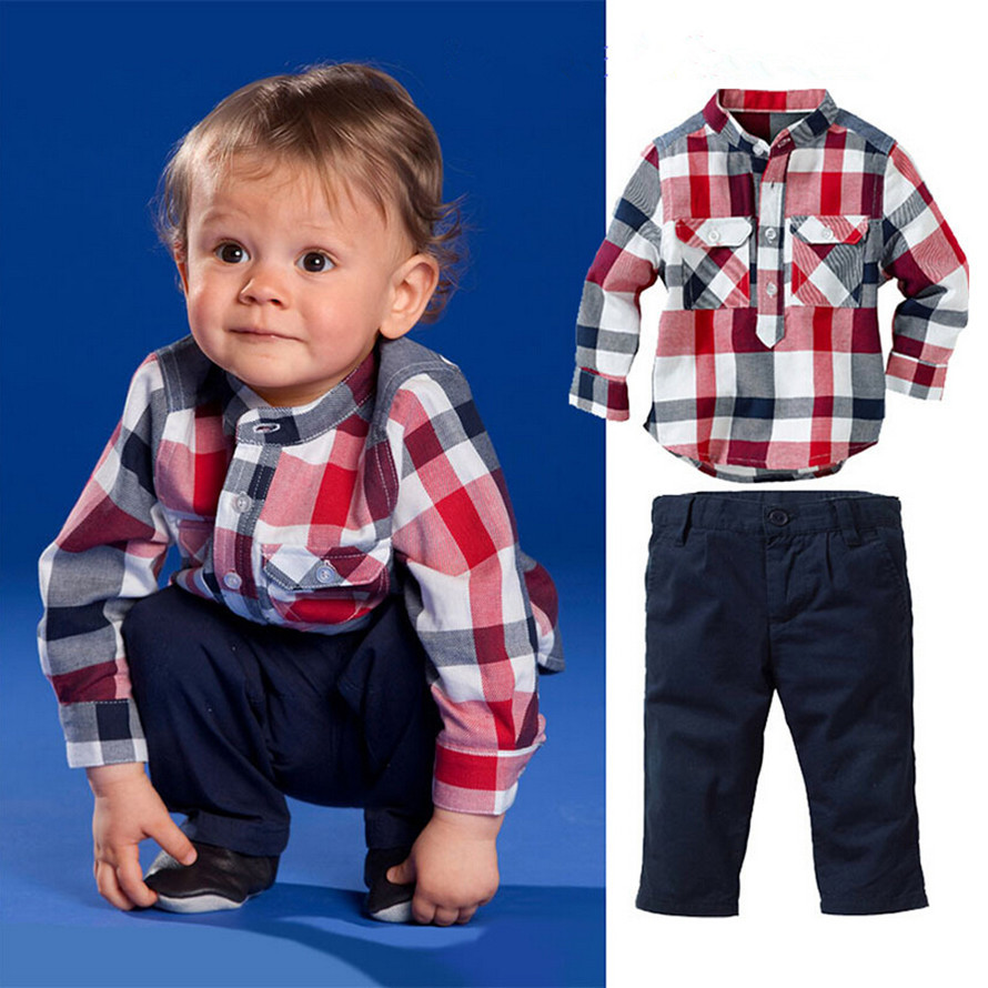 2014 autumn children s boy clothing set plaid T shirt casual pants kids suits kids sets