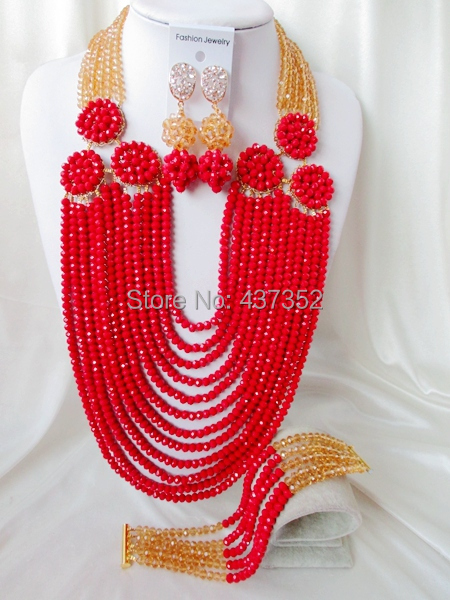 New Arrived! champagne gold opaque red costume nigerian wedding african beads jewelry sets crystal beads necklaces NC2207