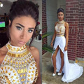 Two Piece White and Gold Prom Dresses with Rhinestones 2016 High Quality Mermaid Side Slit Beaded