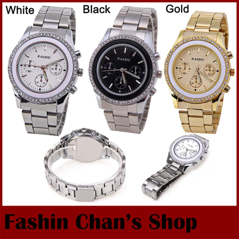 Fashion luxury brand Paidu rhinestone quartz watches clock women gold silver black color women s full