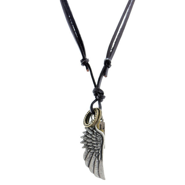 new arrival trendy fashion unique handmade alloy angel wing pendants men leather necklaces jewelry 2 colors