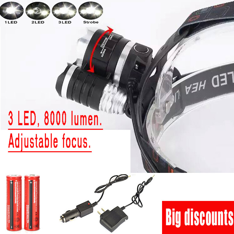 Adjustable focus Headlamps 8000LM XML 3*LED Headlight,Head Lamp Light Flashlight+18650 battery+Car EU/US/AU/UK Charger