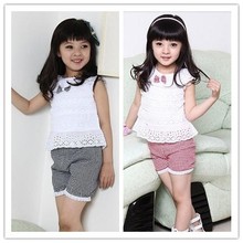 Summer Style Lace T Shirt And Lattice shorts Pants Children Clothing Set Girl Clothes Set