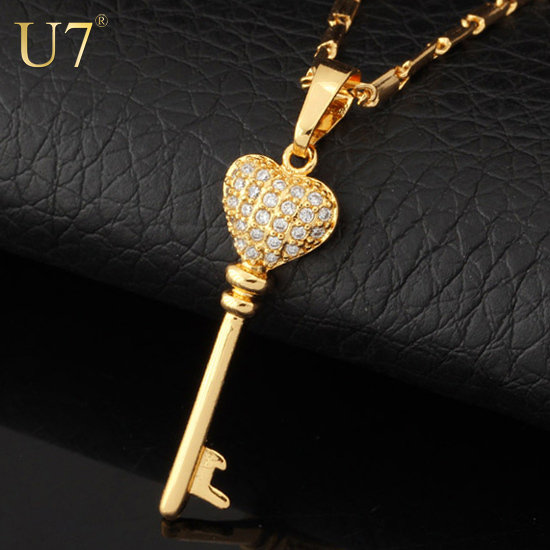 Key Chain Necklaces Pendants New Fashion Jewelry 18K Gold Platinum Plated Romantic Heart Cubic Zirconia Necklace