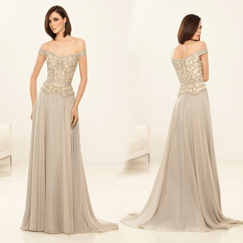 Aliexpress.com Comprar Elegante vestido de noche 2015 larga una línea madre de la novia vestidos Off hombro rebordeó el vestido de noche Formal XMD82 de