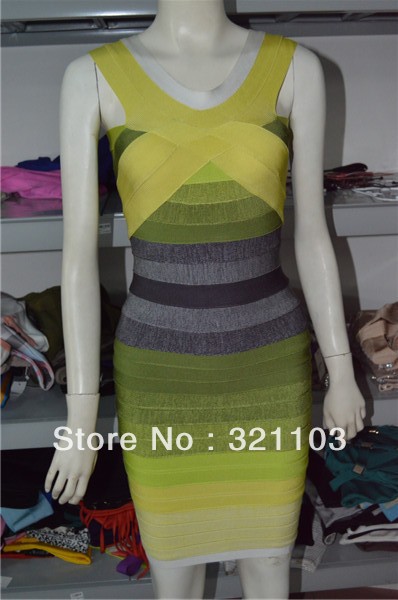 Free shipping gradient strip bandage dress tight fitting bandage dress yellow bandage dress DM225