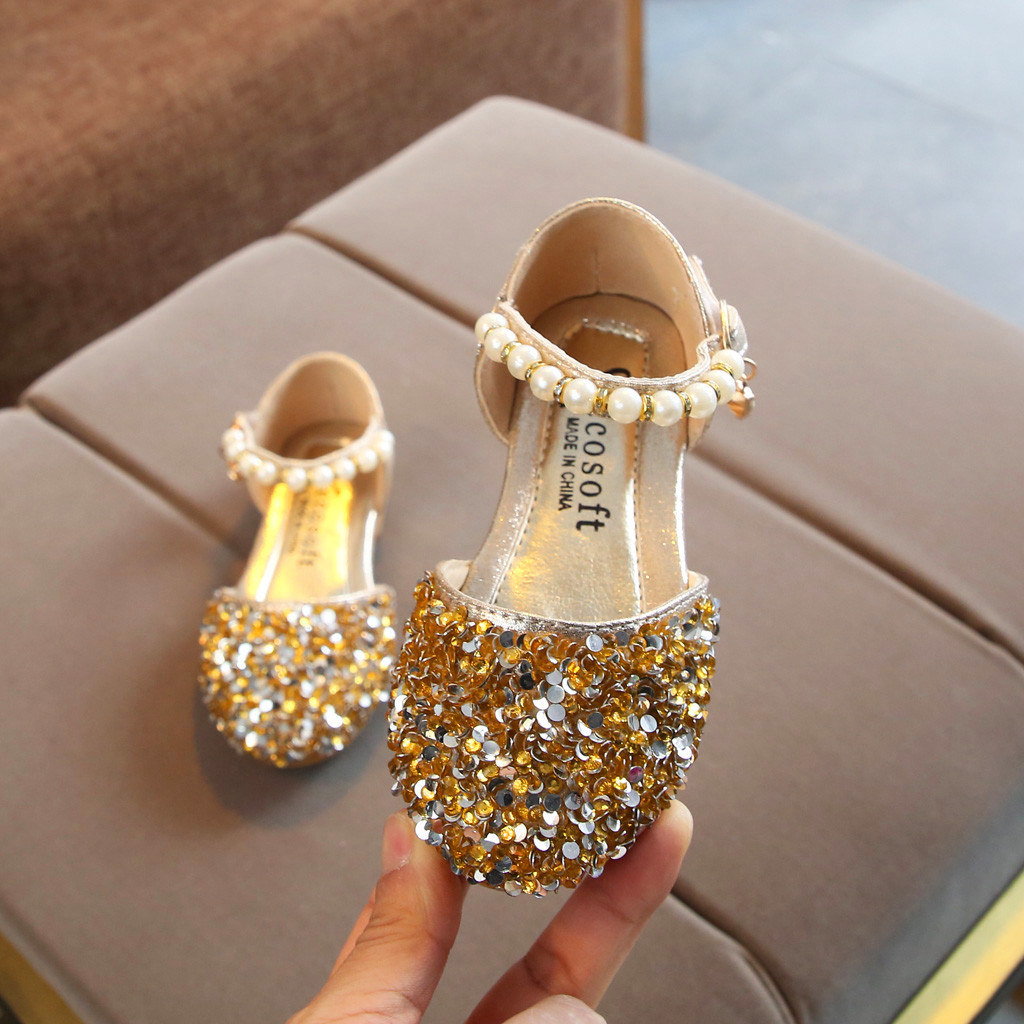 Toddler Infant Kids Baby Girls Pearl Bling Sequins Single Princess Shoes Sandals