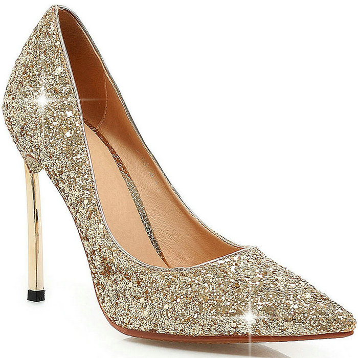 gold sparkly pointed heels