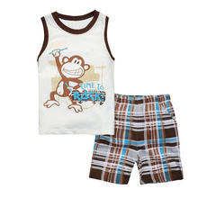 2016 Summer Children Clothing Set Boys Sleeveless Vest Tops + Plaid Short Pants Cartoon Monkey Kids Tracksuit Pyjamas Outfits