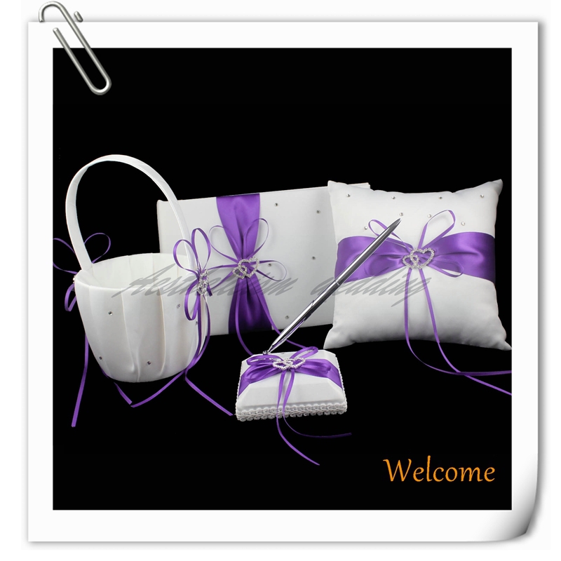 Free shipping New 4Pcs/set Purple,Wedding Decorations Ring Pillow + Basket + Guest Book + Pen Set + Garter Bridal Rhinestone Hot