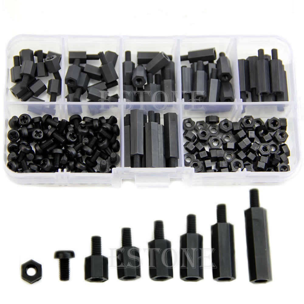 Free Shipping M3 Nylon Black Hex M-F Spacers/ Screws/ Nuts Assorted Kit, Standoff