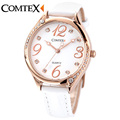 Comtex White Leather Band Stainless Still Case New Fashion Analogue Display Ladies Watch Waterproof Quartz Watch