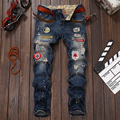 Men Jeans Brand Clothing Ripped Skinny Trousers Denim Embroidery Jeans Mens Straight Cotton Homme Badges Ink