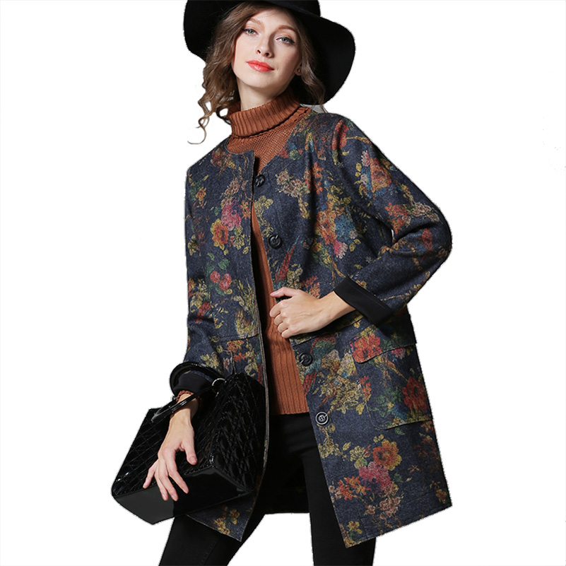 Plus Size Print Wool Coat Women 3xl O Neck Flower High Quality Long Women Winter Coat 2015 Autumn and Winter Fashion Hot Sale
