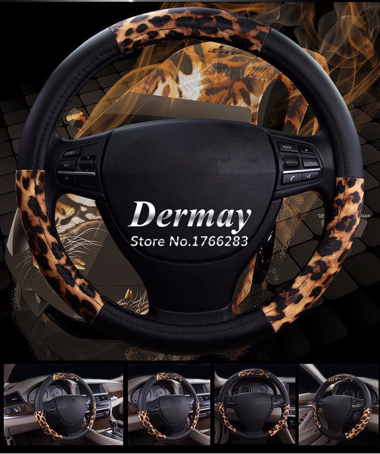7_New arrivals fashion personalized leopard print women men black gold car steering wheel cover 4 seasons universal free shipping