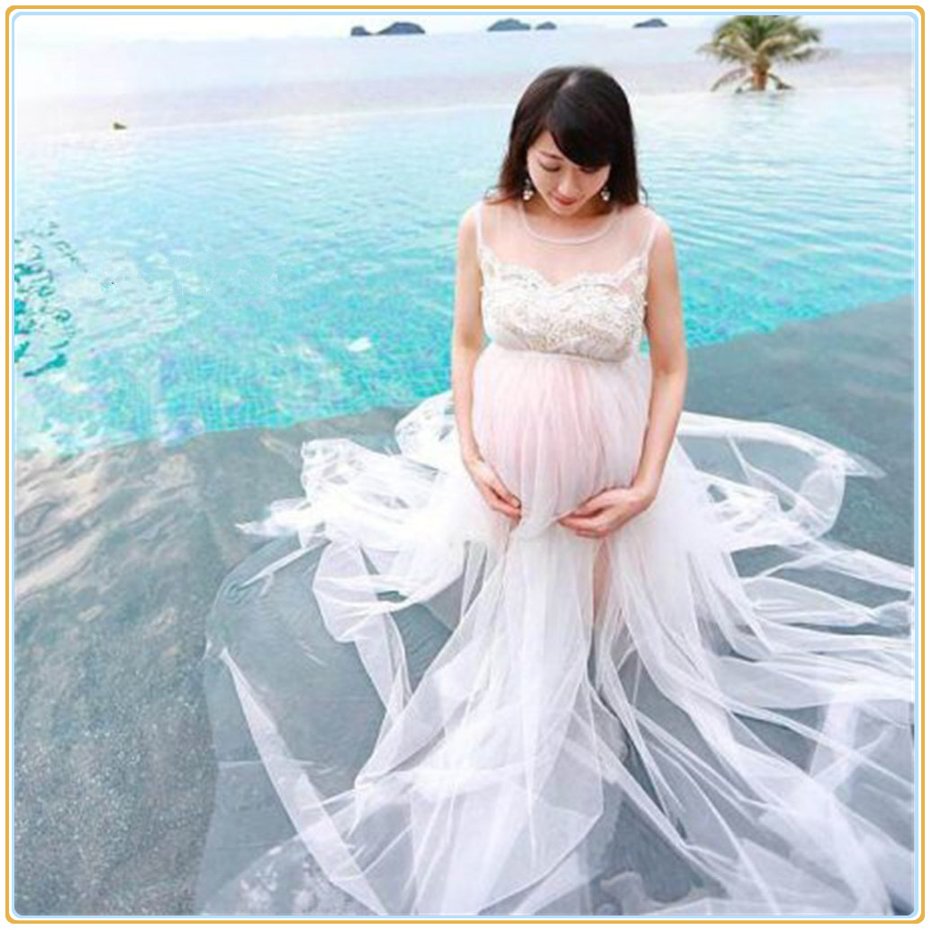 Royal Style White Maternity Long Lace Dresses Pregnant Photography Props Fancy Pregnancy Photo Shoot Nightdress