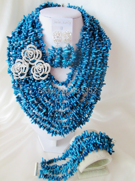Fabulous Nigerian Wedding Coral Beads African Jewelry Set Navy blue Necklace Bracelet Earrings Set Free Shipping CWS-569