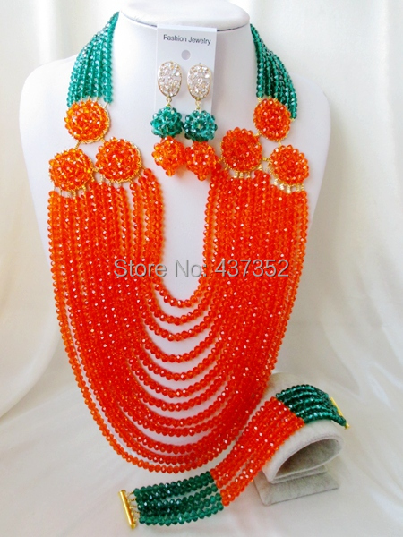 New Arrived! Army green orange costume nigerian wedding african beads jewelry sets crystal beads necklaces NC2196