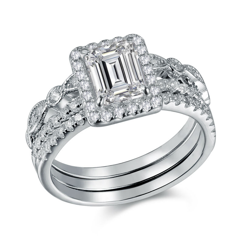 Newshe 3pcs Wedding Engagement Ring Set Women 1.9ct Princess Cz Sterling Silver