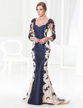 2016 New Design Charming Long Mermaid Navy Blue Satin Champagne Lace Side Evening Dresses With Sleeves Prom Party Gown R052411