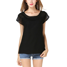 Fashion Summer See Through Round Collar Chiffon Blouse Short Sleeve Tops Plus Size Loose Women Blouses
