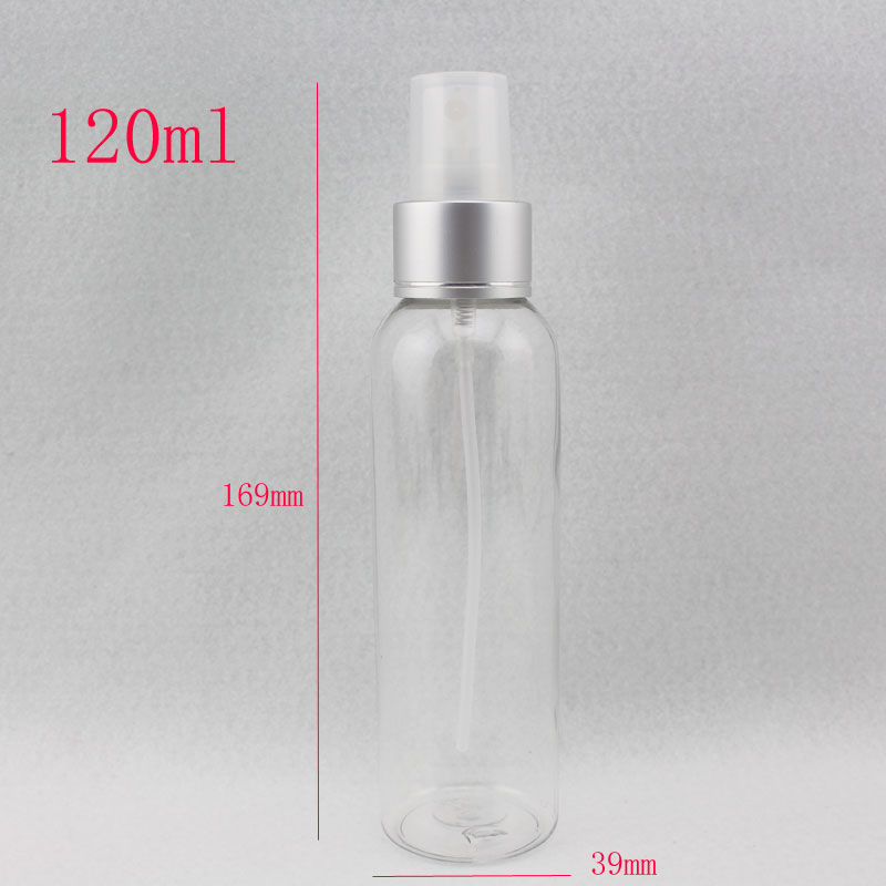 wholesale 120ml transparent round cosmetic plastic spray bottle 120cc aluminum spray nozzle fine mist pump bottles containers