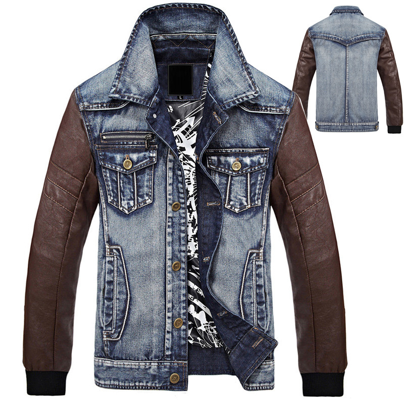 2016 Autumn New Mens Pu Leather Long Sleeve Blue Denim Jacket Man