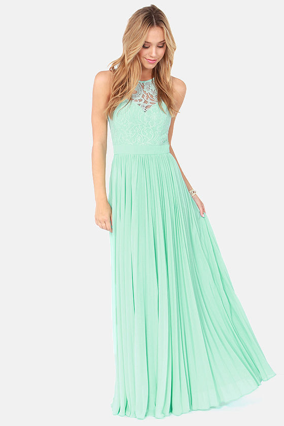2014 Spring Mint Green Lace Maxi Dress Tank Straps Chiffon Long Formal