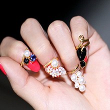 2015 Hot Sell Crystal Black Cat Simulated Pearl Zircon Nail Rings Set For Women Anillos Resizable