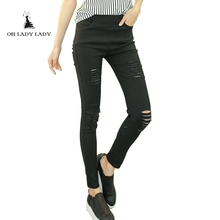 2016 Cotton High Elastic Imitate Jeans Woman Knee Skinny Pencil Pants Slim Ripped Boyfriend Jeans For Women Black Ripped Jeans