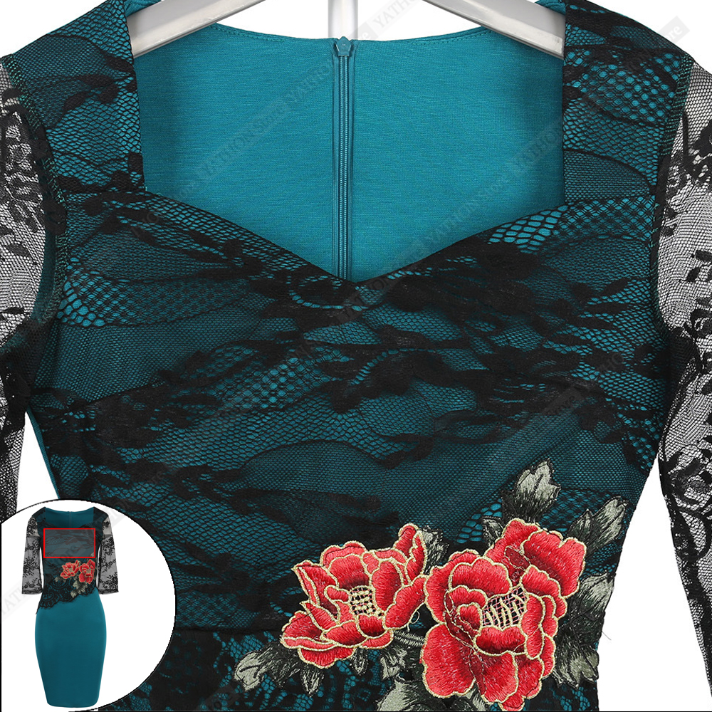 6 YATHON Plus size 5XL Embroidered Lace Bodycon Dresses For Womens Floral Pattern Hollow Out Pin Up Business Work Office Casual Sheath Pencil Special Occasion Pro