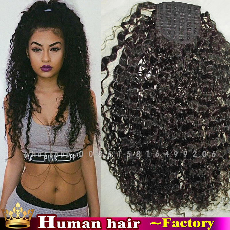Фотография Clip in black natural afro kinky curly ponytail Brazilian hair 100%People hair afro short extensions 100g120g140g wig afro puffs