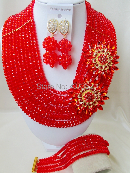 Amazing Brooches Red Crystal Nigerian Beads Necklaces African Wedding Beads Jewelry Set CPS4858