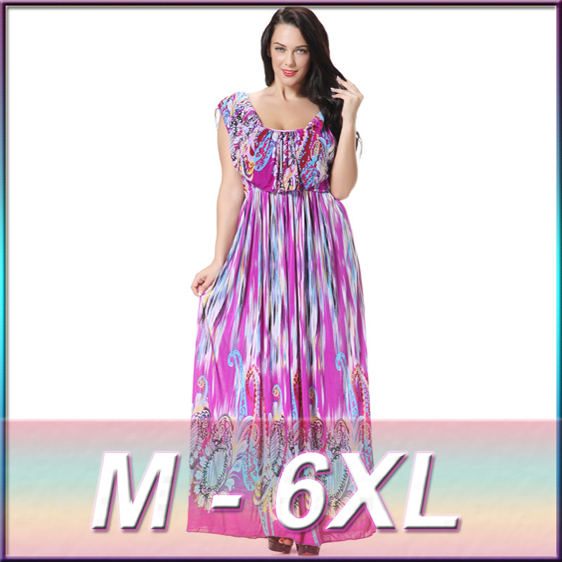 M 6xl Plus Size 2016 Summer New Ice Silk Printing Flouncing Sleeveless Dress Bohemian Beach Dress