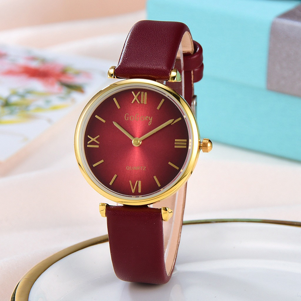 Sanwood Business Women Roman Number Round Dial Faux Leather Band Quartz