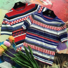 2016 Hot Classic Casual Computer Knitted Short Sleeve Pullover Navy Blue Stripe Standard Sweater Tank Women Lady D667