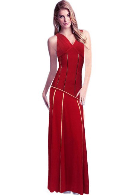 2015 New Fashion HL Red Black Sleeveless Gold Deep V-neck Beading Striped Long Straight Bandage Dress Party Prom Wedding Dress