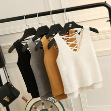 2016 women harajuku version cute summer knitting lace-up tank tops casual v neck t-shirt female women’s solid tops