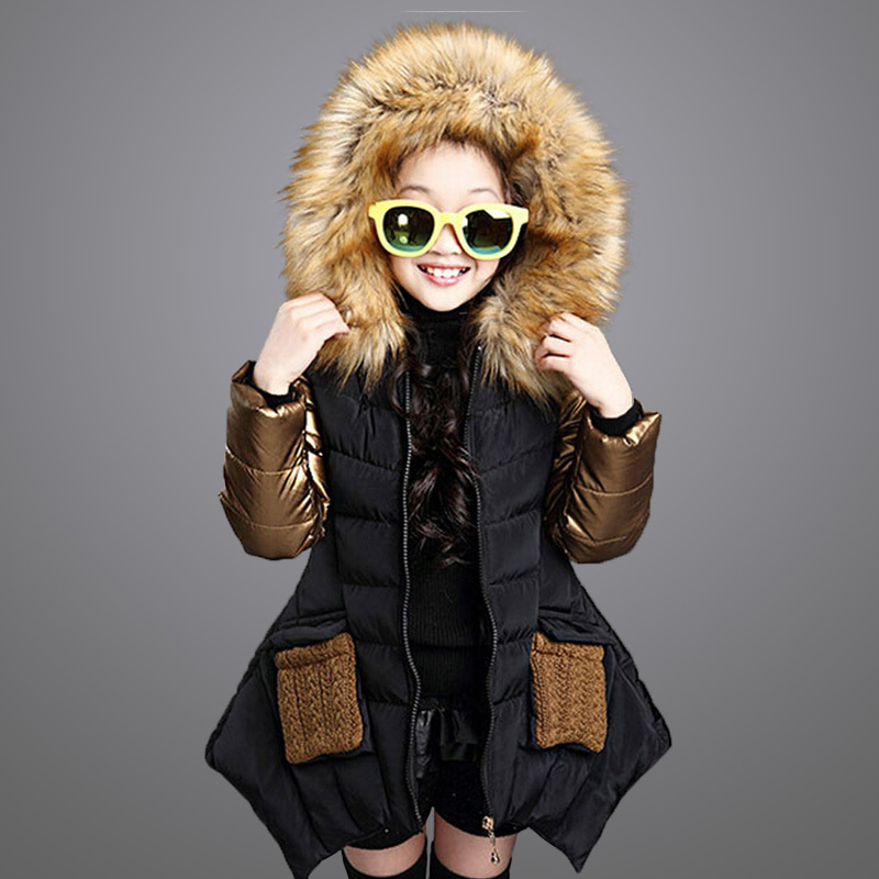 2015 New Kids Mianfu Winter Girl Coat Thick Wool Collar Fashion Down Jacket For Children Big