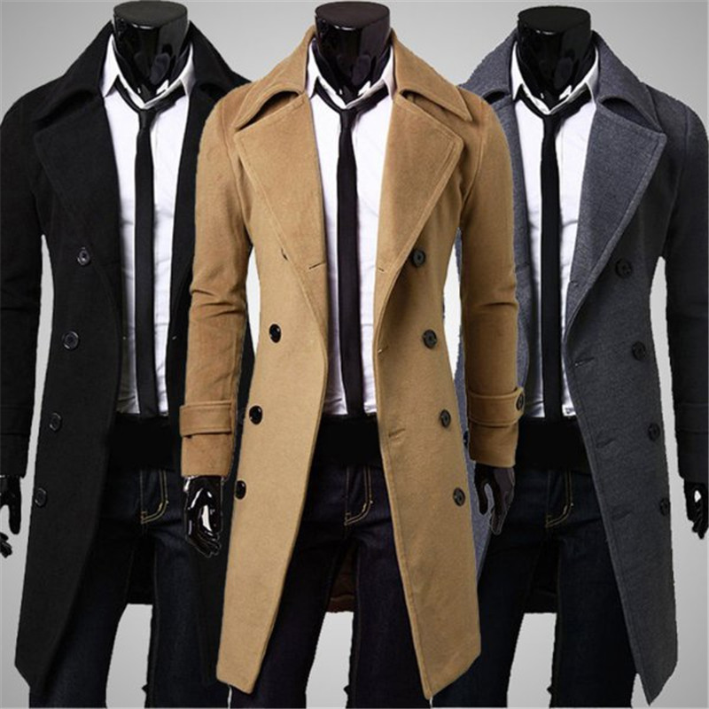 New Men Outwear Slim Stylish Trench Coat Winter Long Jacket Double Breasted Overcoat Woolen Coat