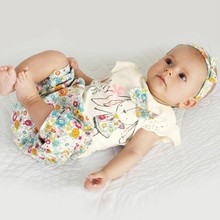 Baby Girls 3PCS Set Floral Bowknot T Shirts+Short Pants+Headband Outfits Baby Clothing
