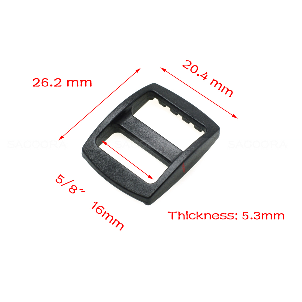 Description Picture 6 of item10pcs/pack Plastic Slider Tri Glide Adjust Buckles Backpack Straps Webbing 10/16/20/25/32/38mm Wider Style Black