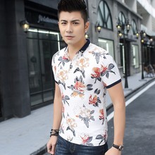 2016 Summer Fashion Floral Male T shirt Cotton jacquard Slim Polo shirts Men Casual Tees Short-sleeve T-shirt Plus Size L-5XL
