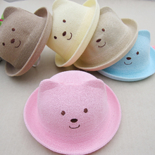 New!5 color Spring and summer baby strawhat child sunbonnet linen bear bucket hats boy girl dome hat free shipping