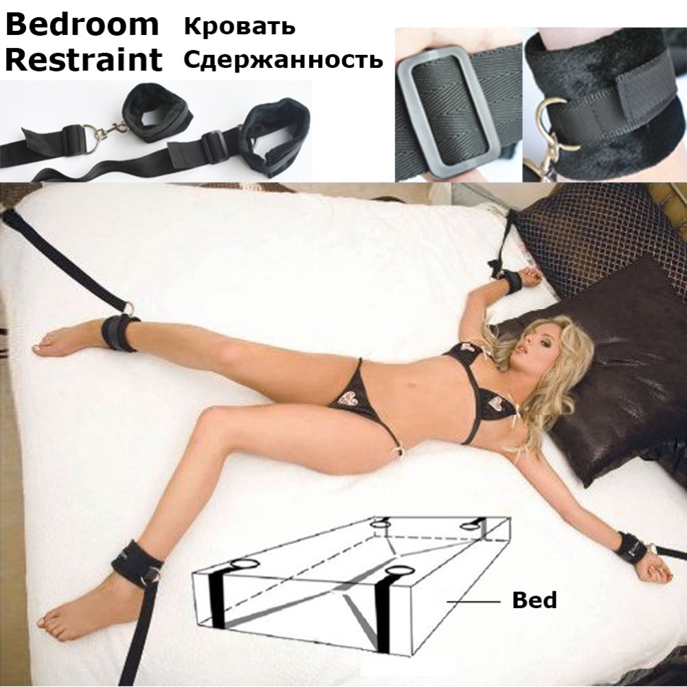 Black Furry Bed Straps restraint Hand & Ankle Full body cuffs Sex Game ...